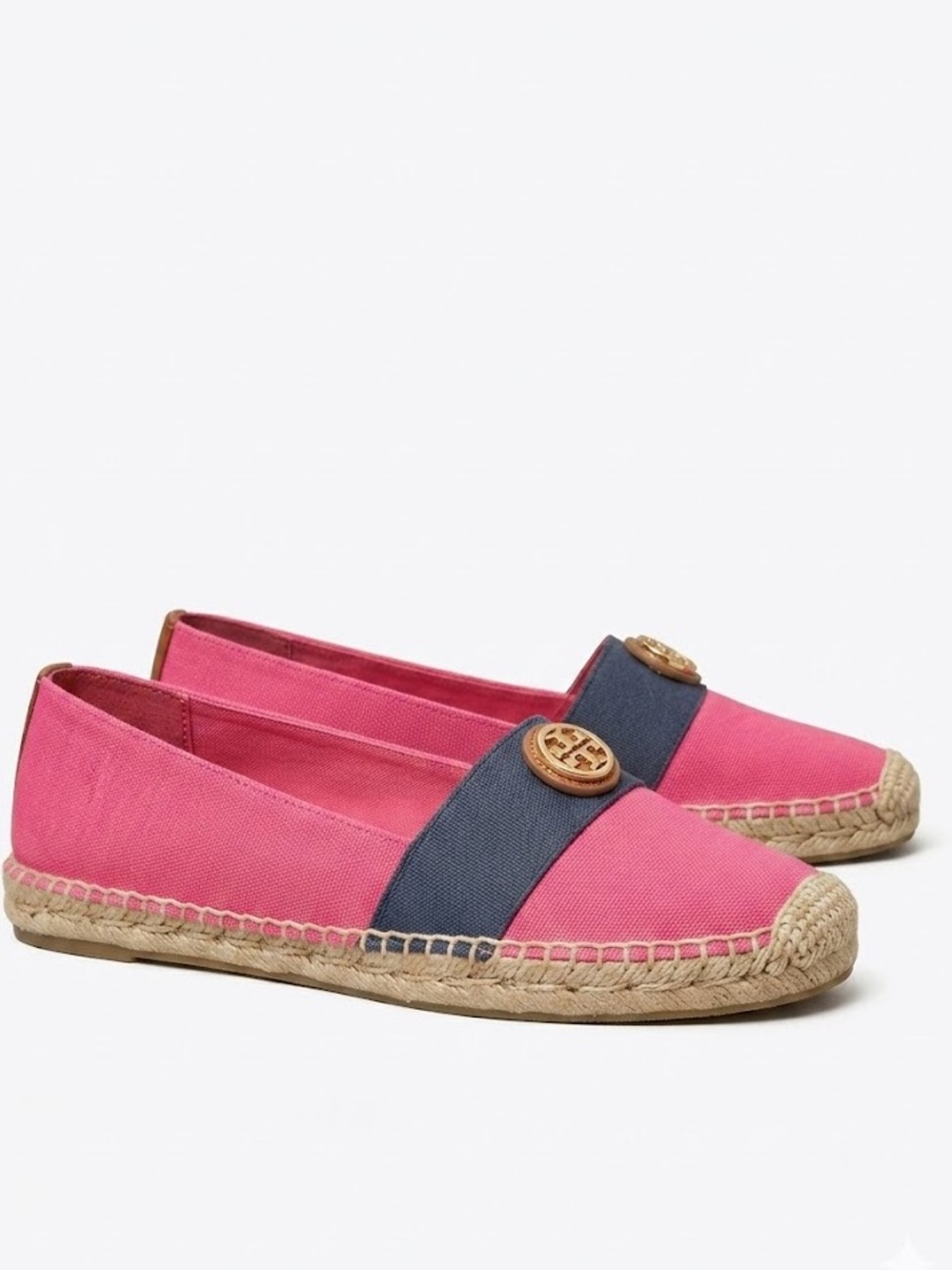 Tory Burch Beacher Flat Espadrille Canvas/Vegan Leather Pink Navy Tan Size 8